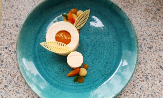 Ricottás panna cotta, sárgabarack coulis, mandulás keksz, fehércsoki, menta