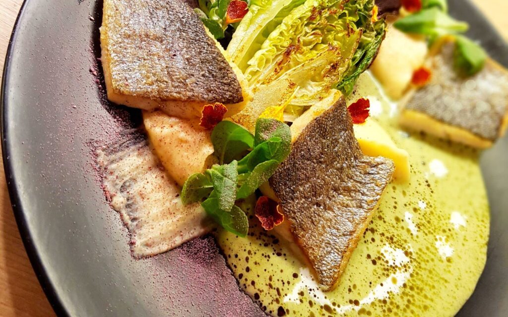 Marinált pisztrángfilé almás zelleres pürével és grillezett salátával